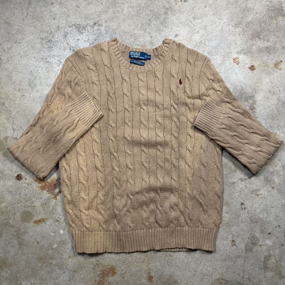 VTG 90s Polo Ralph Lauren Tan Cable Knit Cotton Sweater Size XL